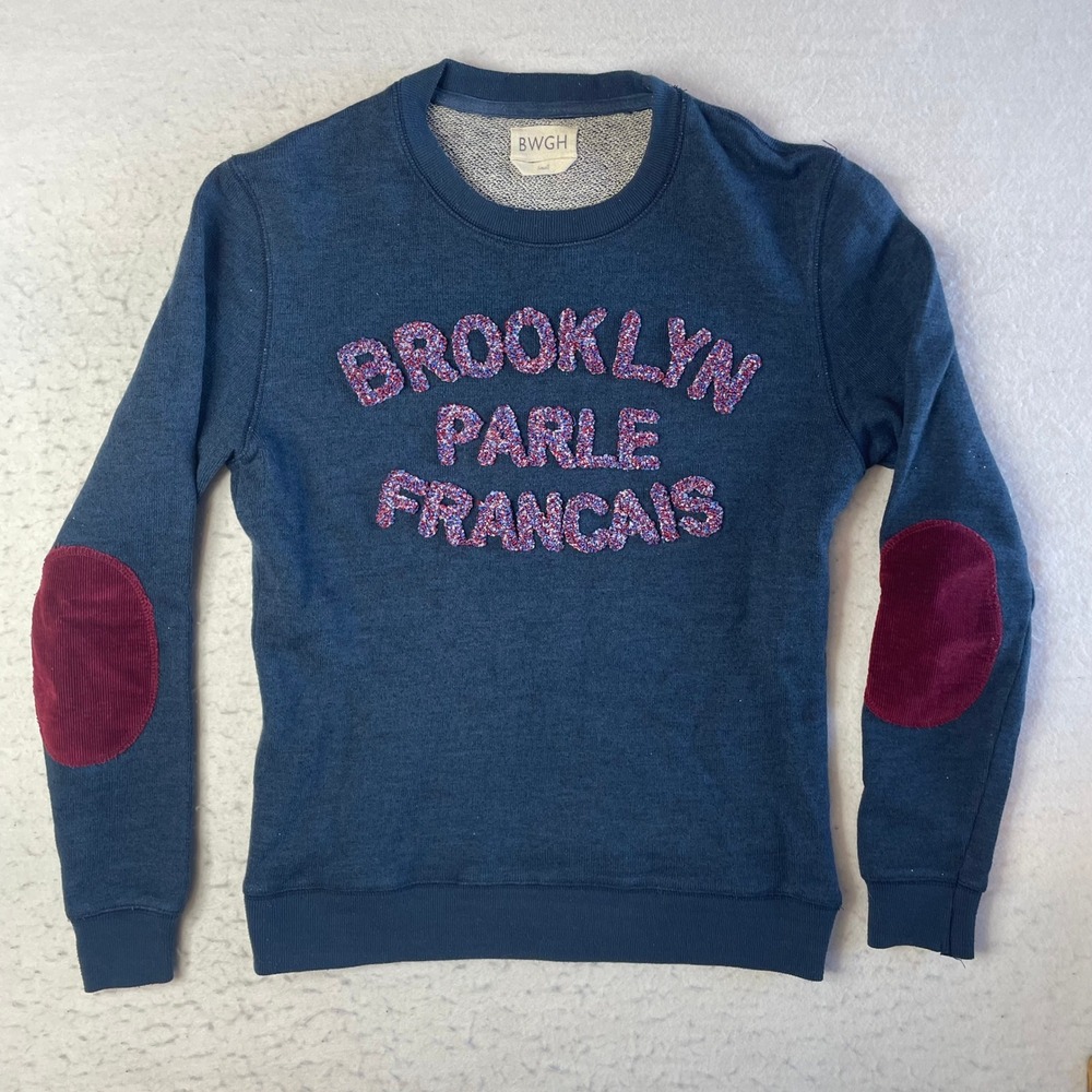 BWGH Brooklyn Parle Francais Sweatshirt Small Blue Wool Cotton Elbow Patches